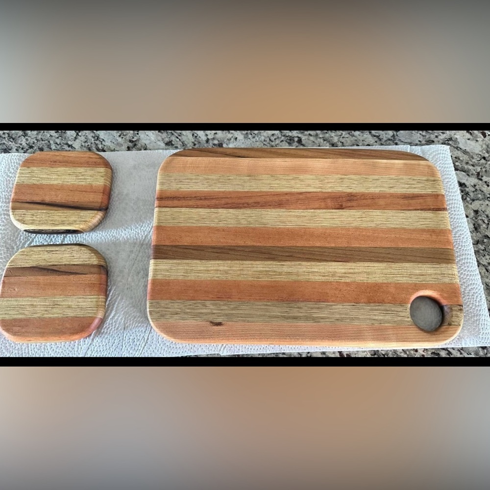 SOLD. Handmade Hardwood Cutting Board with 2 matching coasters